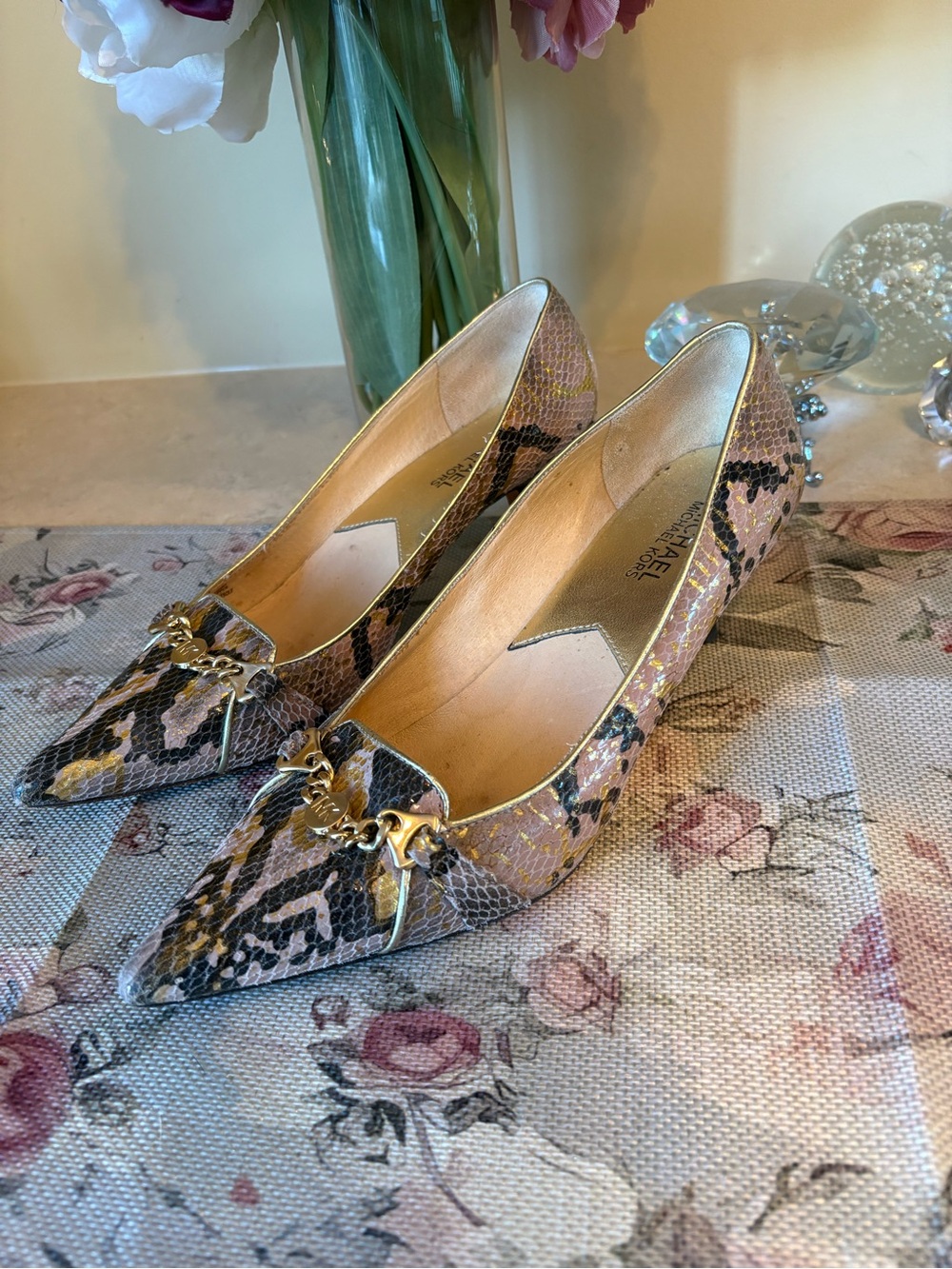 Michael Kors Brown & Gold Snake-Print Pointed Toe Heels with Chain Accent